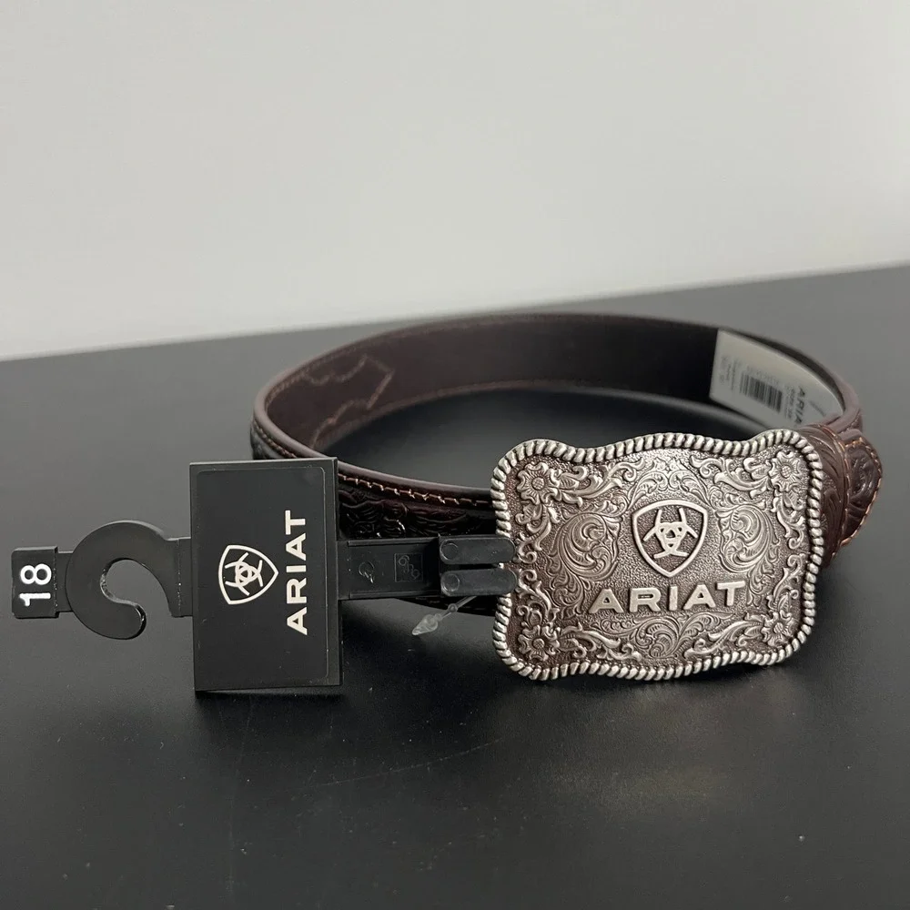 Ariat Kids Brown Floral Tooled Genuine Leather Western Belt Trophy Buckle 18